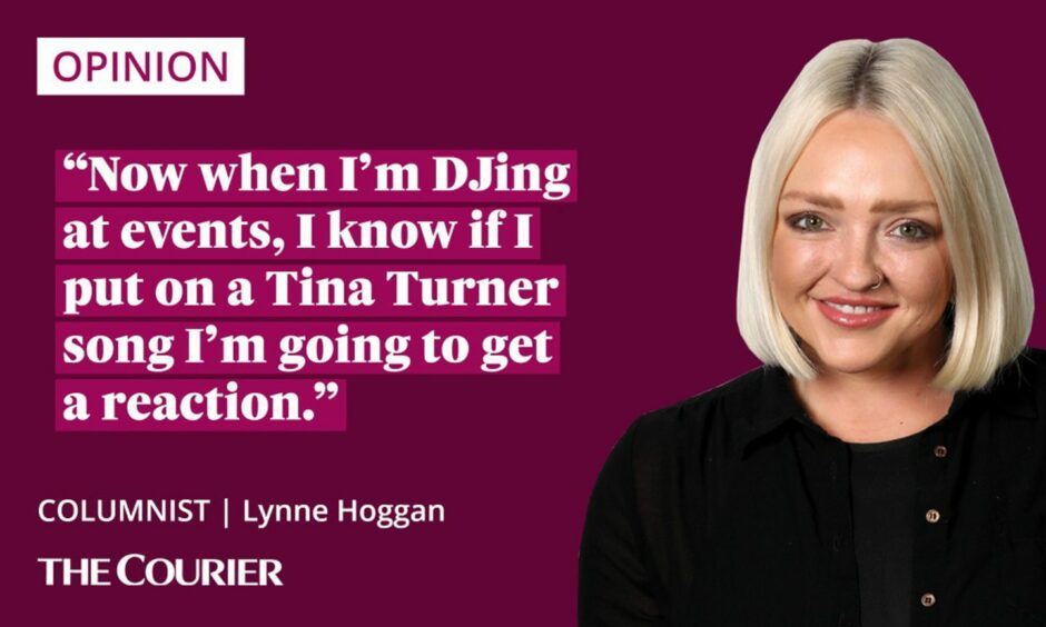 The writer Lynne Hoggan next to a quote: "Now when I'm DJing at events, I know if I put on a Tina Turner song I'm going to get a reaction."