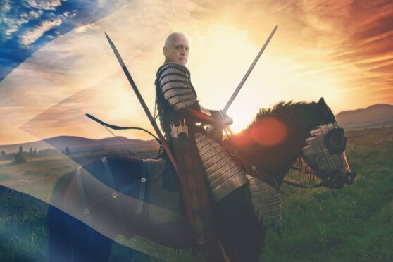 A graphic of Dan Peña on a horse. Dan Peña is the owner of Guthrie Castle in Angus.