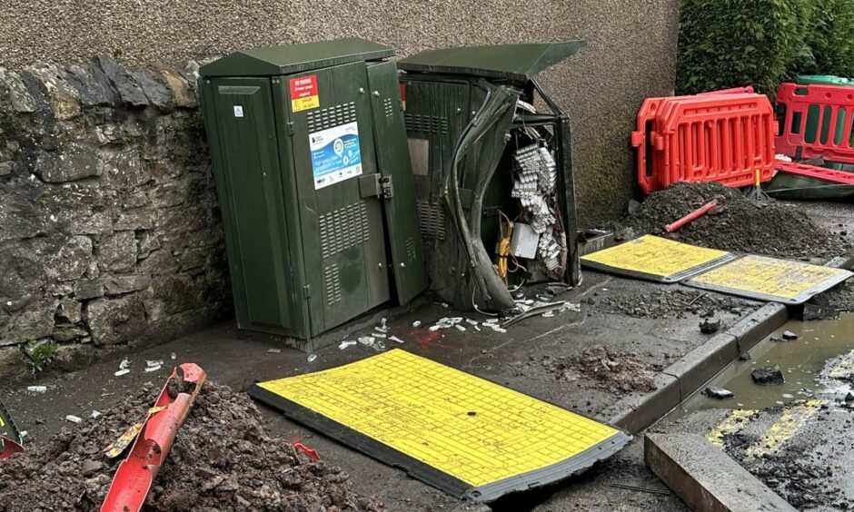 A damaged Openreach box in Freuchie following a bus crash. Image: Struan Nimmo/DC Thomson