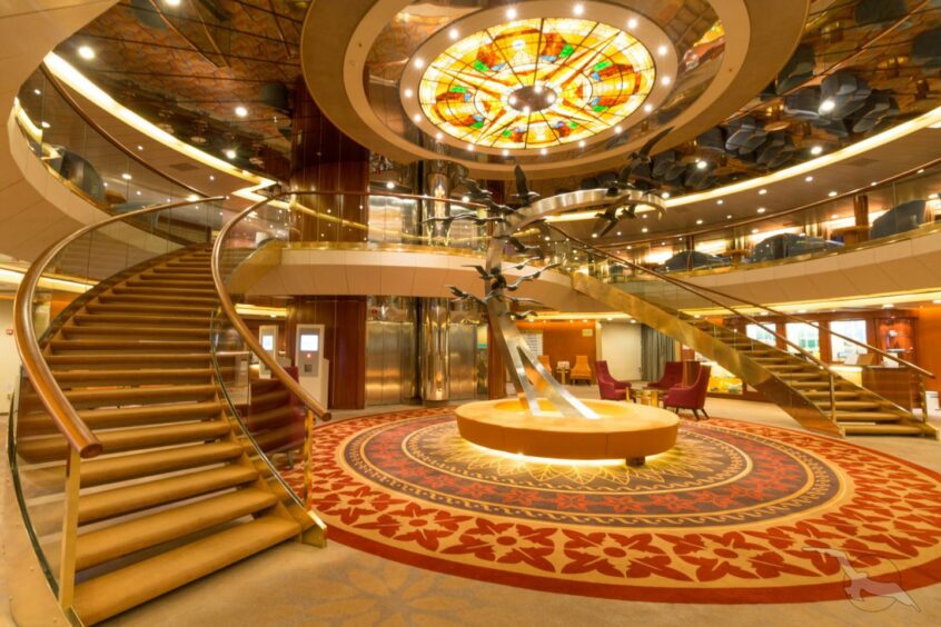 The grand lobby area and staircases on Artania cruise ship