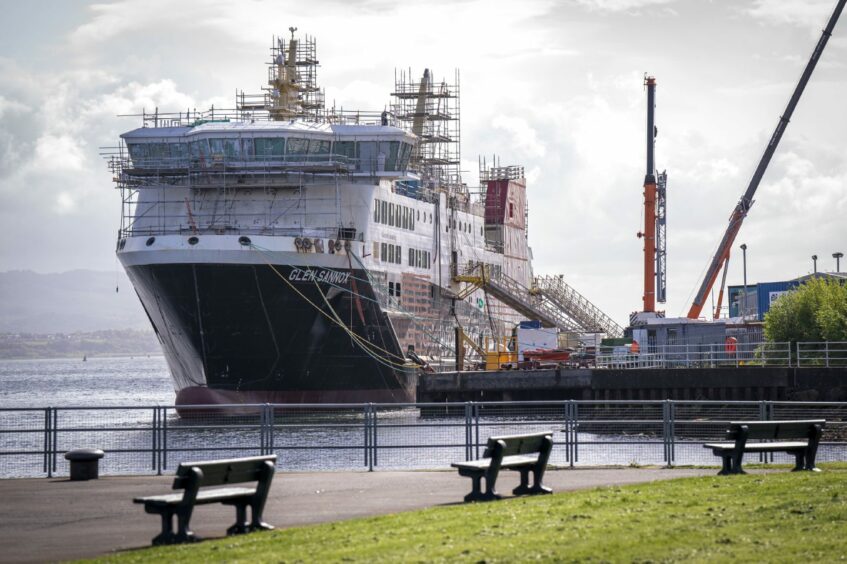 Unfinished Glen Sannox ferry in the Ferguson Marine shipyard, Inverclyde.