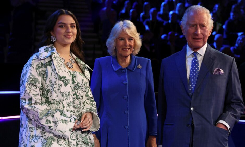 UK Eurovision entrant Mae Muller with King Charles III and the Queen Consort. Image: Phil Noble/PA Wire