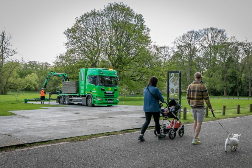 lorry unloading temporary flooring for Big Weekend festival in Camperdown Park, Dundee.