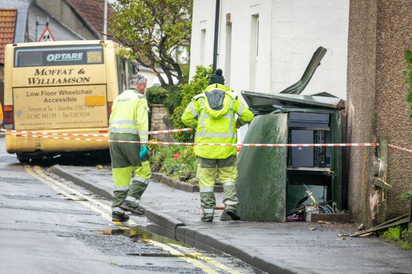 Bus crash in Freuchie which has destroyed one Openworld cabinet and has damaged the second one as well as glancing off a house and through a garden of another. Image: Steve Brown/DC Thomson