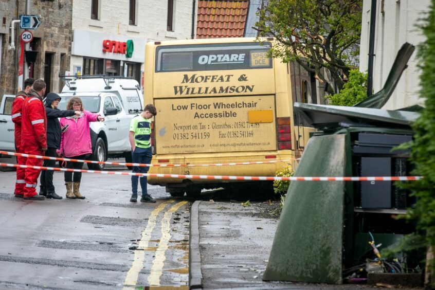 A bus crashed with a stationary vehicle in Freuchie. Image: Steve Brown/DC Thomson