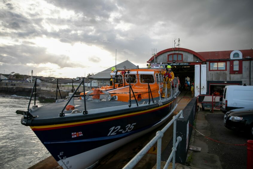 Arbroath lifeboat Inchcape launches down the town slipway.
