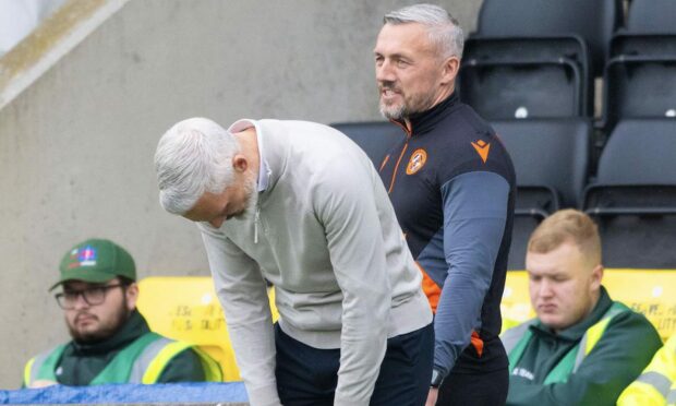 A disbelieving Jim Goodwin, flanked by assistant Lee Sharp. Image: SNS