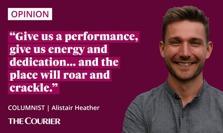 The writer Alistair Heather next to a quote: "Give is a performance, give us energy and dedication... and the place will roar and crackle."