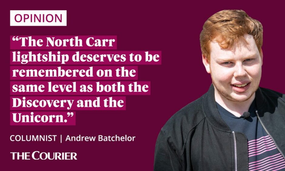 The writer Andrew Batchelor next to a quote: "The North Carr lightship deserves to be remembered on the same level as both the Discovery and the Unicorn."