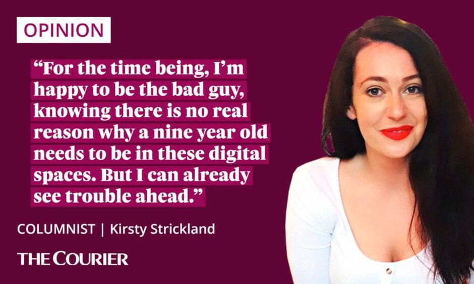 The writer Kirsty Strickland next to a quote: "For the time being, I’m happy to be the bad guy, knowing there is no real reason why a nine year old needs to be in these digital spaces."