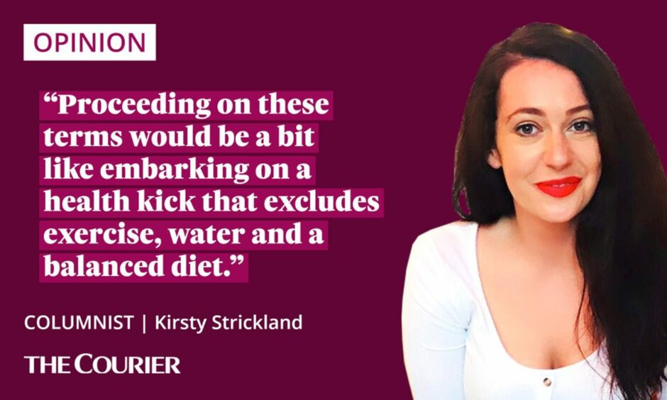The writer Kirsty Strickland next to a quote: "Proceeding on these terms would be a bit like embarking on a health kick that excludes exercise, water and a balanced diet."