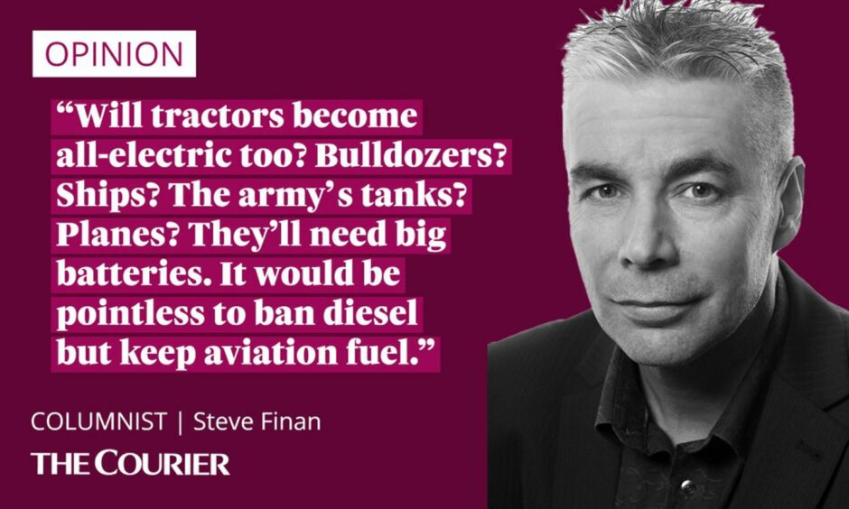 The writer Steve Finan next to a quote: "Will tractors become all-electric too? Bulldozers? Ships? The army’s tanks? Planes? They’ll need big batteries. It would be pointless to ban diesel but keep aviation fuel."