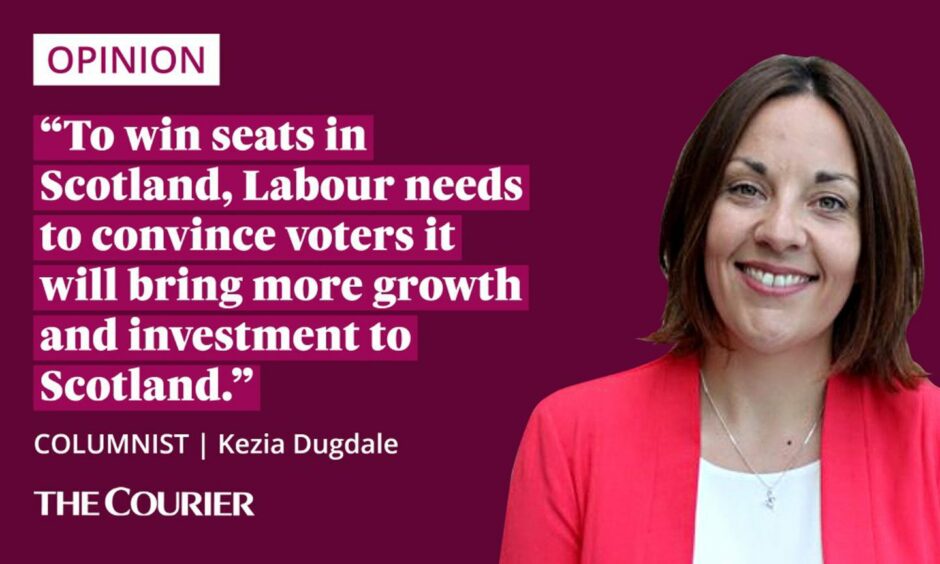 The writer Kezia Dugdale next to a quote: "To win seats in Scotland, Labour need to convince voters it will bring more growth and investment to Scotland."
