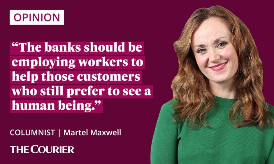 The writer Martel Maxwell next to a quote: "The banks should be capitalising on this, employing workers to help those customers who still prefer to see a human being."