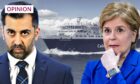Humza Yousaf and Nicola Sturgeon with a ferry behind them.