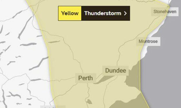 The yellow warning covers most of Tayside and Fife. Image: Met Office