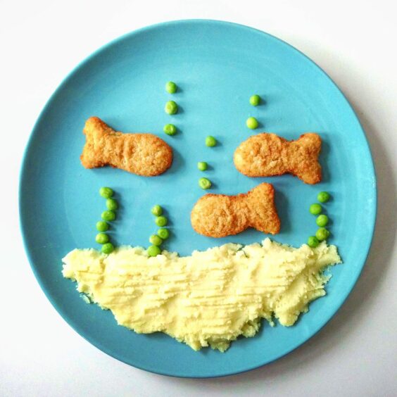 'Under the tea'. Fish dippers and mash and peas. Image: Hugh Raine