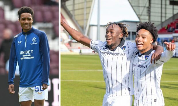 Kane Ritchie-Hosler and Ewan Otoo celebrate Dunfermline's League One title win. Images: SNS and Craig Brown.
