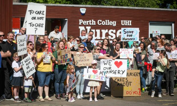 Parents protesting in front of UHI Perth Nursery against its proposed closure