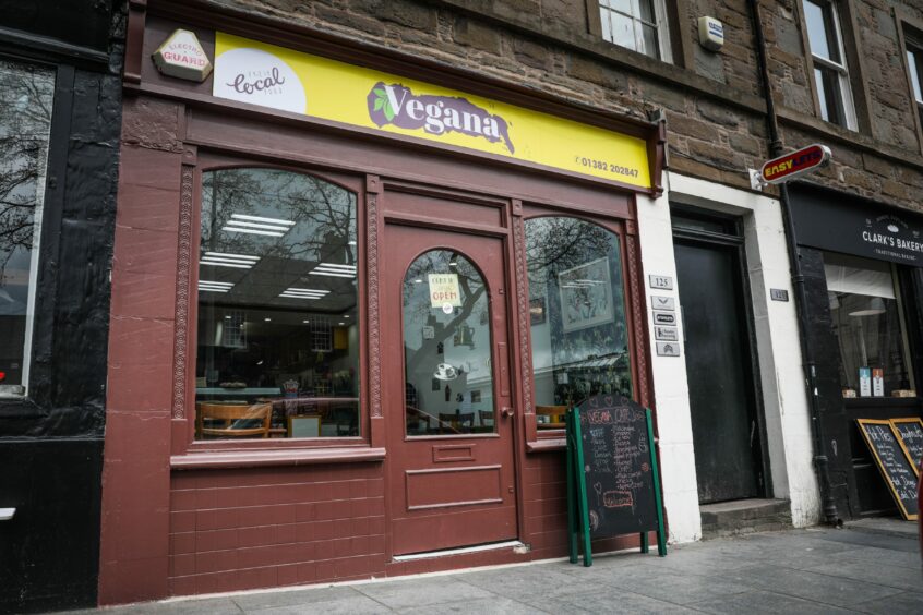 The outside of Vegana cafe on Nethergate, Dundee.