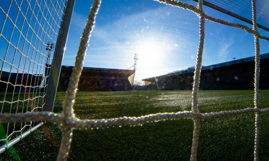 A view of Raith Rovers' Stark's Park stadium from behind one of the goals. Image: SNS.