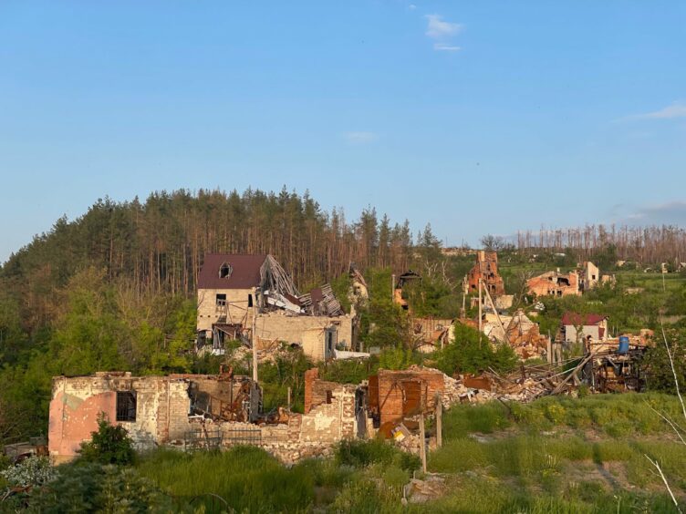 A destroyed rural village in Ukraine.