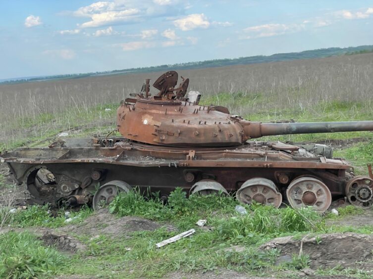 Burnt out Russian T31 tank.