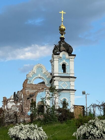 A damaged Orthodox church in Ukraine.