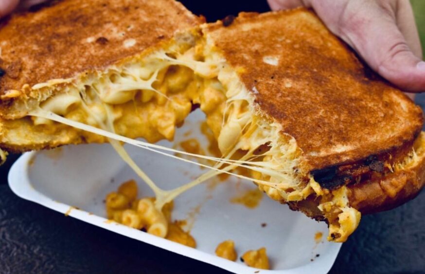 A loaded mac and cheese sandwich from The Cheesy Toast Shack.