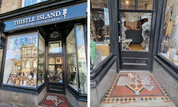 The door to Thistle Island Gift Shop and Candle Studio was smashed in the break-in