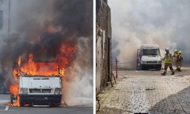 firefighters tackle the ferocious blaze which destroyed the van