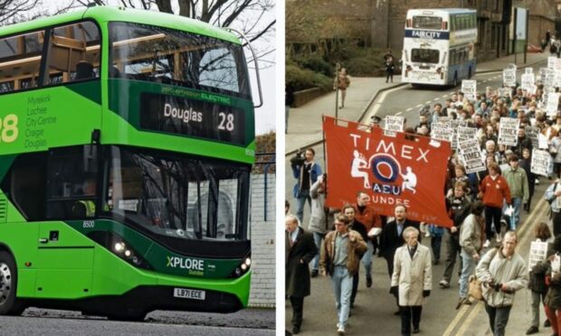 An Xplore Dundee bus and striking workers at the Timex factory
