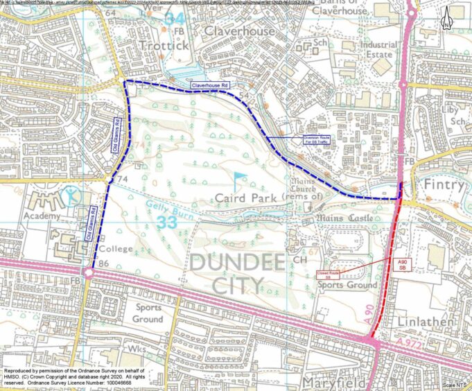 A map of a diversion route during roadworks on the A90 Forfar Road in Dundee