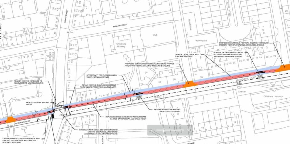 A map of a proposed active freeway along Arbroath Road in Dundee