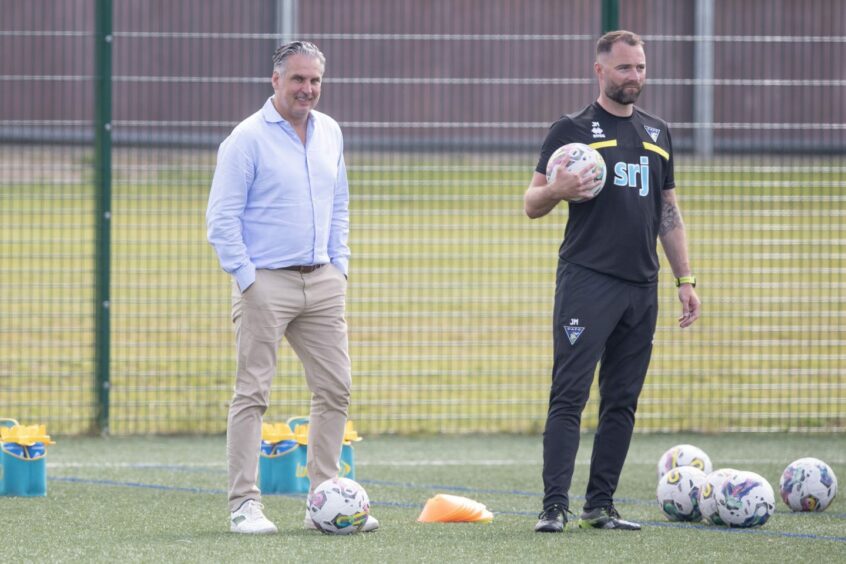 Dunfermline sporting director Thomas Meggle and manager James McPake on the training pitch earlier this season. Image: Craig Brown / DAFC.