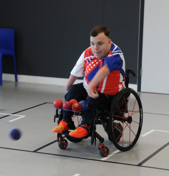 Tyler McLelland takes aim during Boccia training in Glenrothes.