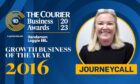 Graphic showing photo of Theresa Lawson from Journeycall, winner of Growth Business of the Year at the 2016 Courier Business Awards.