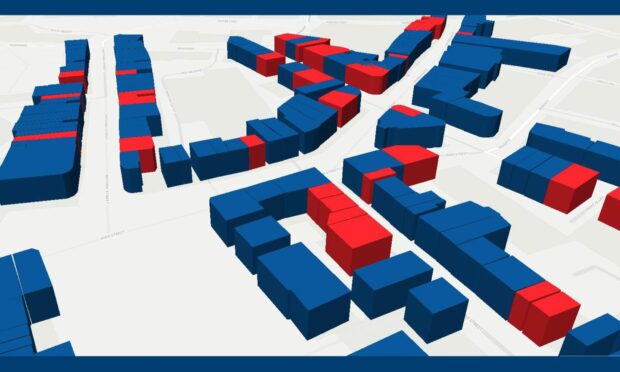 A 3D map of Dundee city centre shops with red and blue colours used to indicate empty and occupied units