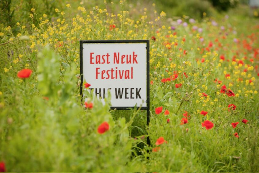 Image shows a sign for the East Neuk Festival in the midst of long grass, poppies and other wildflowers.