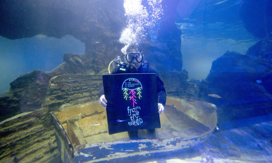 A diver holding a sign reading 'From the Deep' at Deep Sea World - this year's theme for the Enchanted Forest.