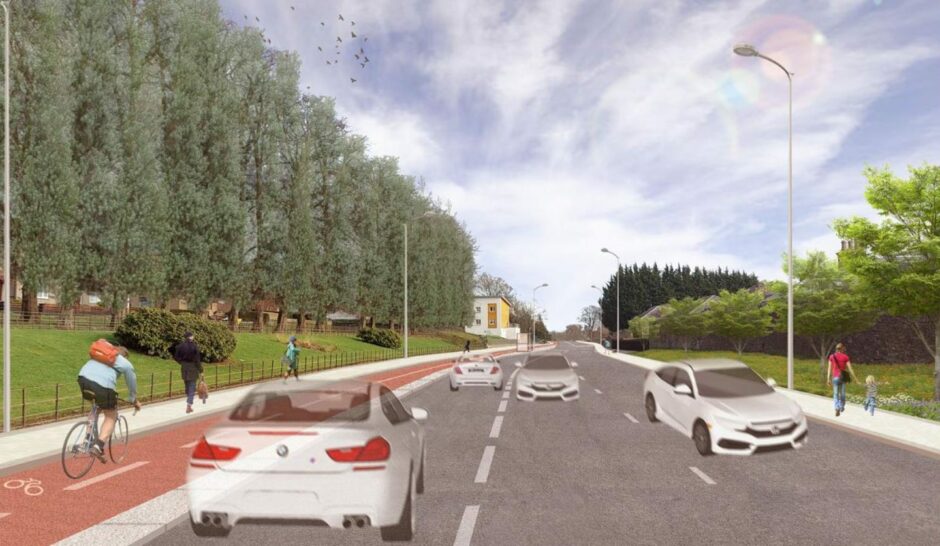 Harefield Road in Dundee with a cycle lane added as part of the active freeway plans.