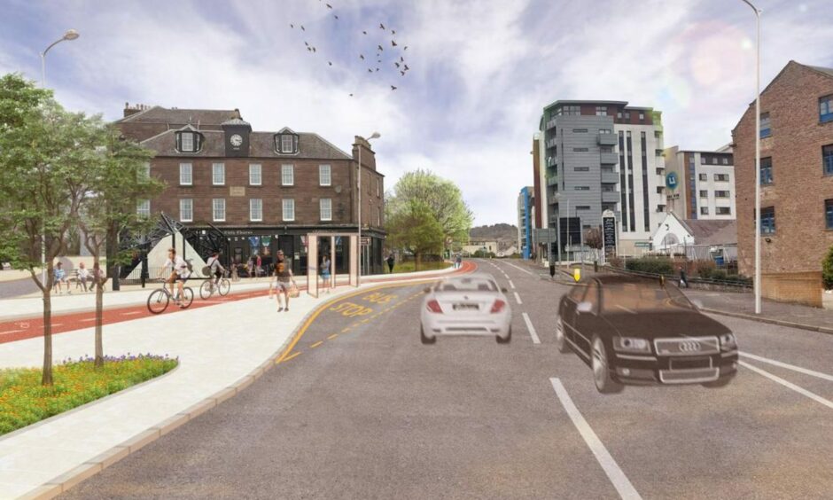 Hawkhill in Dundee with a cycle lane added as part of the active freeway plans.