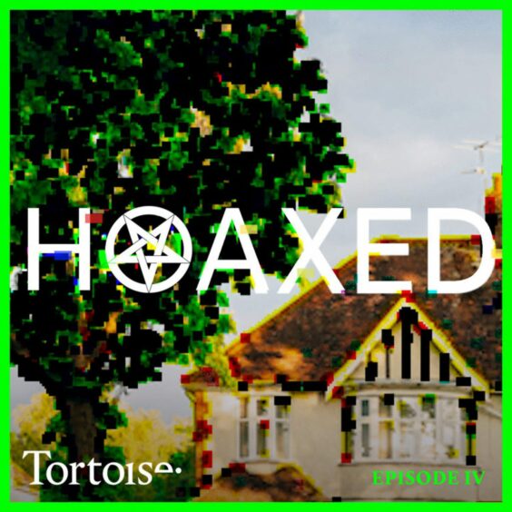 The cover of Hoaxed podcast with a house and tree in the background