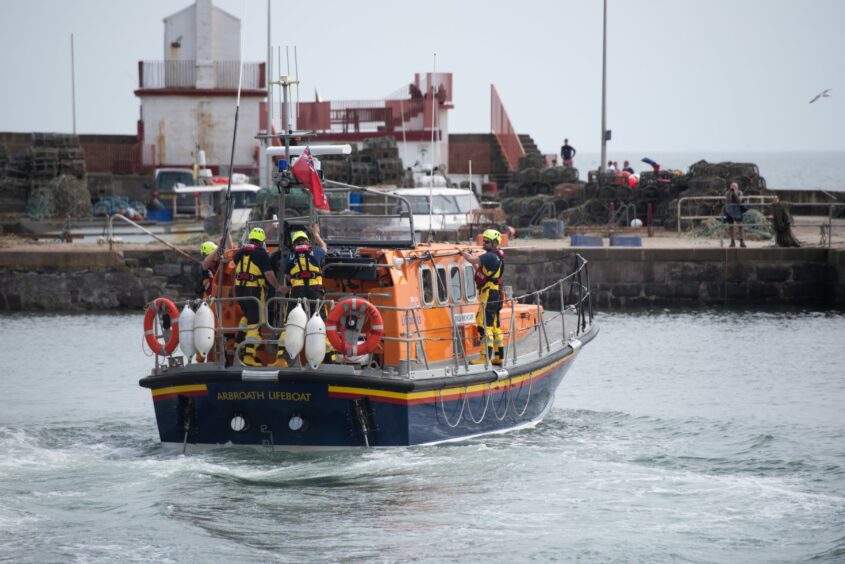 The all-weather lifeboat displays its capabilities at the Arbroath RNLI open day at town harbour.