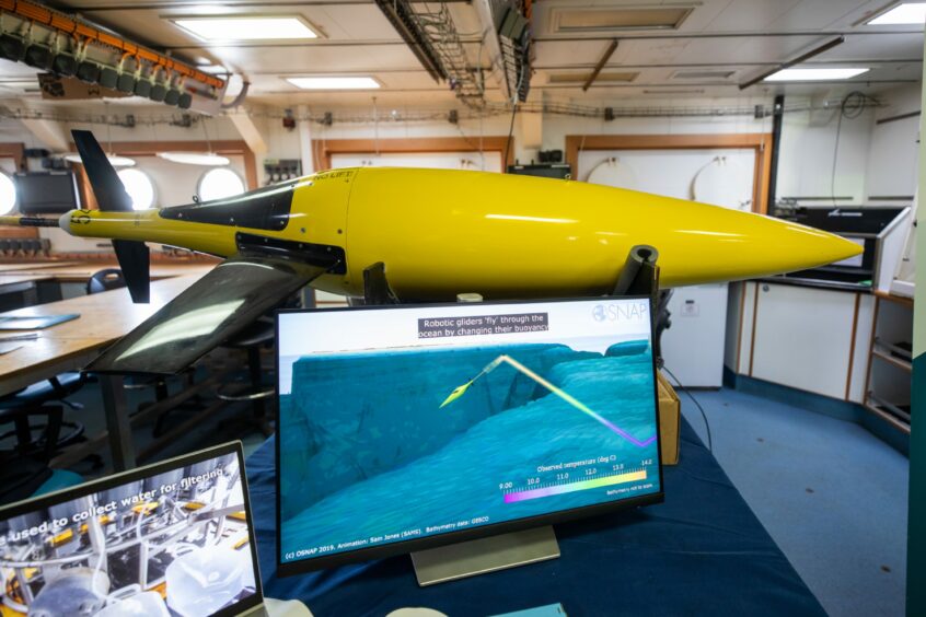 A robotic glider submersible used by scientists on the modern RRS Discovery to measure changes in our oceans, Image: Kim Cessford/DC Thomson.