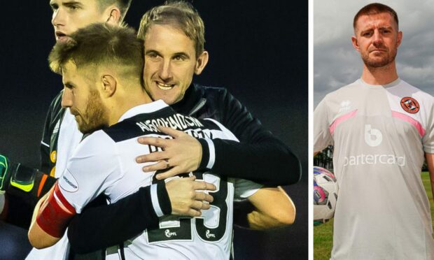 Mark Kerr, then manager of Ayr United, hugs new Dundee United signing Ross Docherty at Somerset Park