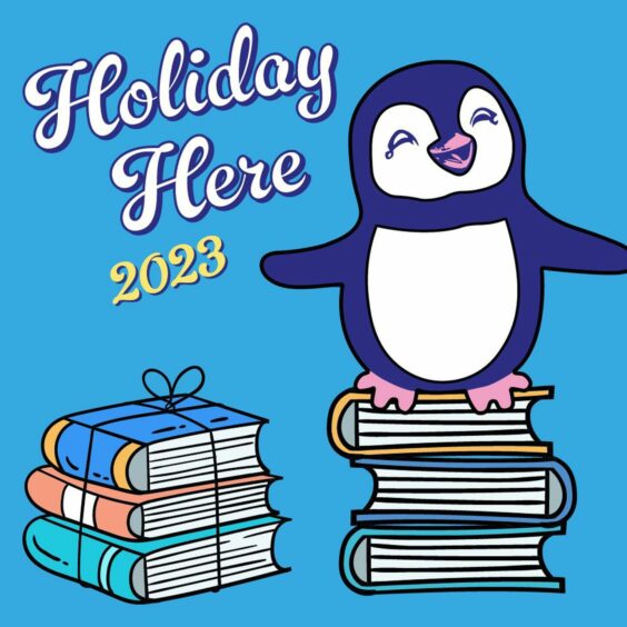 A cartoon penguin standing on a stack of books promoting the Reading challenge 2023 by Dundee Leisure and Culture. This is one of the great activities to do in this ultimate summer guide in Scotland.