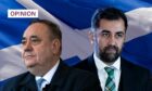 Alex Salmond and Humza Yousaf with Scottish saltire in background.