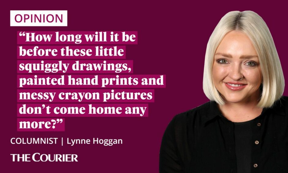 The writer Lynne Hoggan next to a quote: "How long will it be before these little squiggly drawings, painted hand prints and messy crayon pictures don't come home any more?"