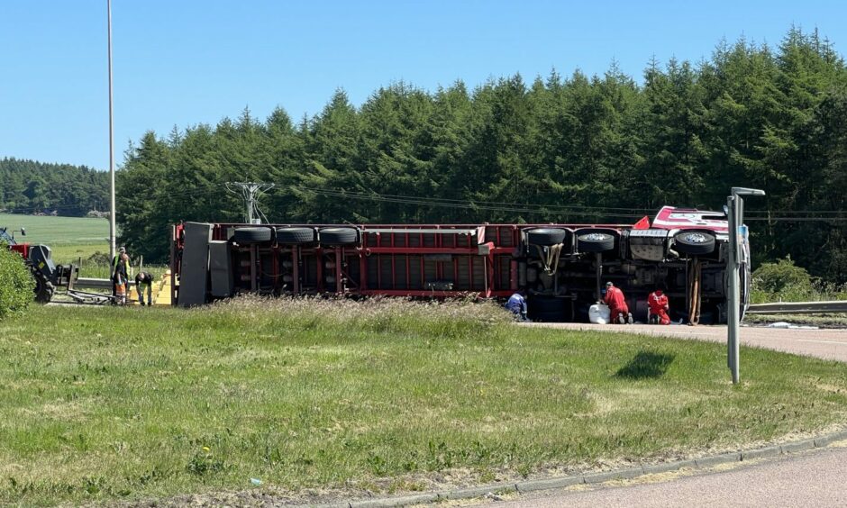 Overturned lorry at the New Inn Roundabout, Fife.